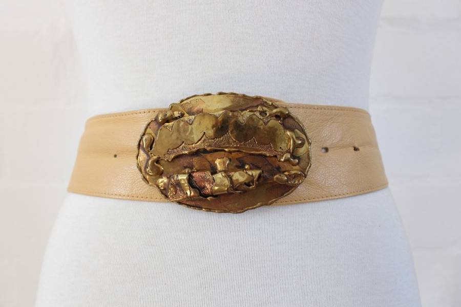 VINTAGE GENUINE LEATHER TAN BROWN BRASS BUCKLE WIDE WAIST BELT