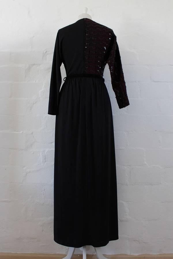 VINTAGE BLACK SEQUINED LONG SLEEVE MAXI FULL LENGTH EVENING DRESS - SIZE 8