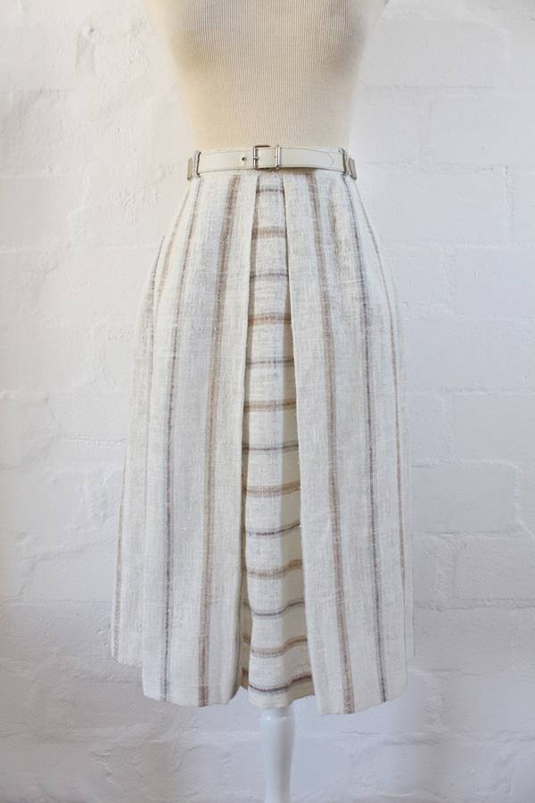 VINTAGE STRIPED BEIGE BELTED A-LINE SKIRT - SIZE 8
