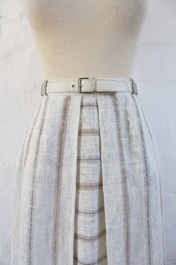 VINTAGE STRIPED BEIGE BELTED A-LINE SKIRT - SIZE 8