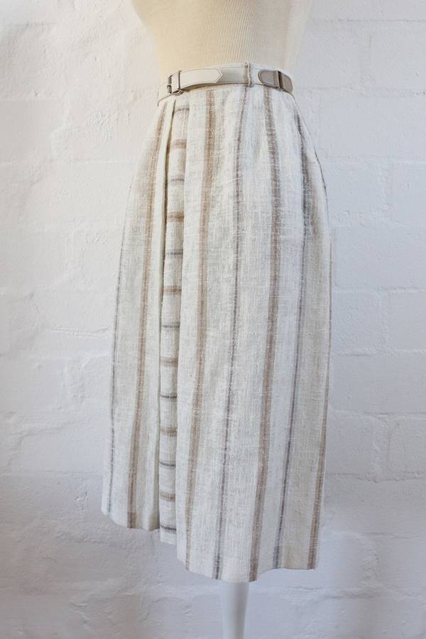 VINTAGE STRIPED BEIGE BELTED A-LINE SKIRT - SIZE 8