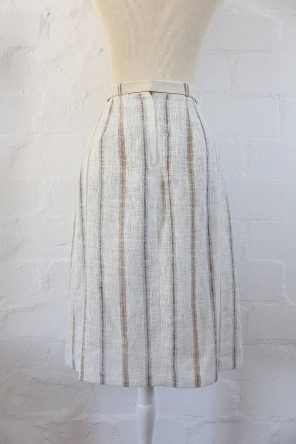 VINTAGE STRIPED BEIGE BELTED A-LINE SKIRT - SIZE 8
