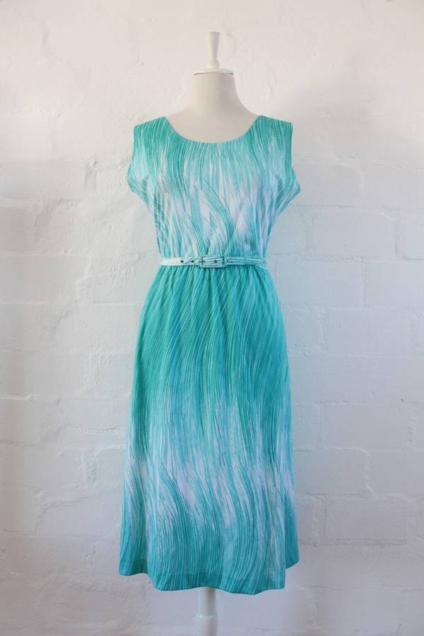 VINTAGE GREEN WHITE BELTED SLEEVELESS DAY DRESS - SIZE 14