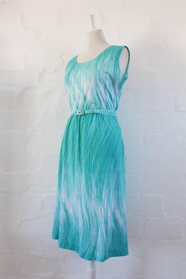 VINTAGE GREEN WHITE BELTED SLEEVELESS DAY DRESS - SIZE 14