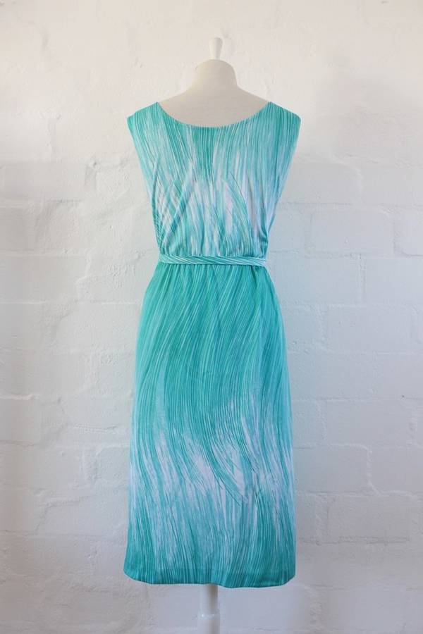 VINTAGE GREEN WHITE BELTED SLEEVELESS DAY DRESS - SIZE 14