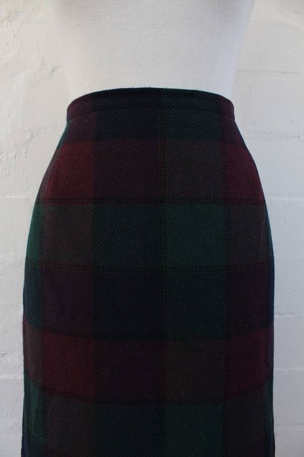 VINTAGE TARTAN PLAID CHECK GREEN RED PENCIL SKIRT - SIZE 12