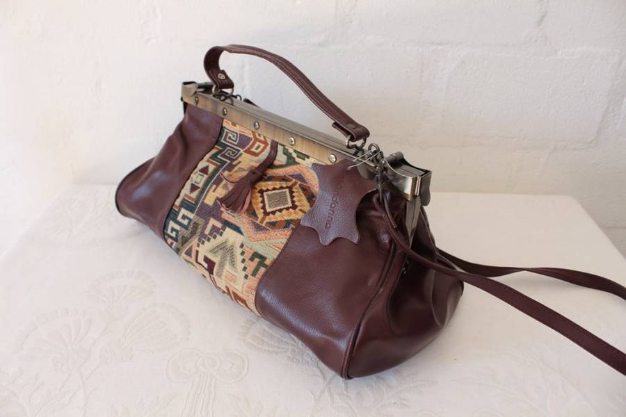 VINTAGE GENUINE LEATHER MAROON TAPESTRY GLADSTONE BAG HANDBAG