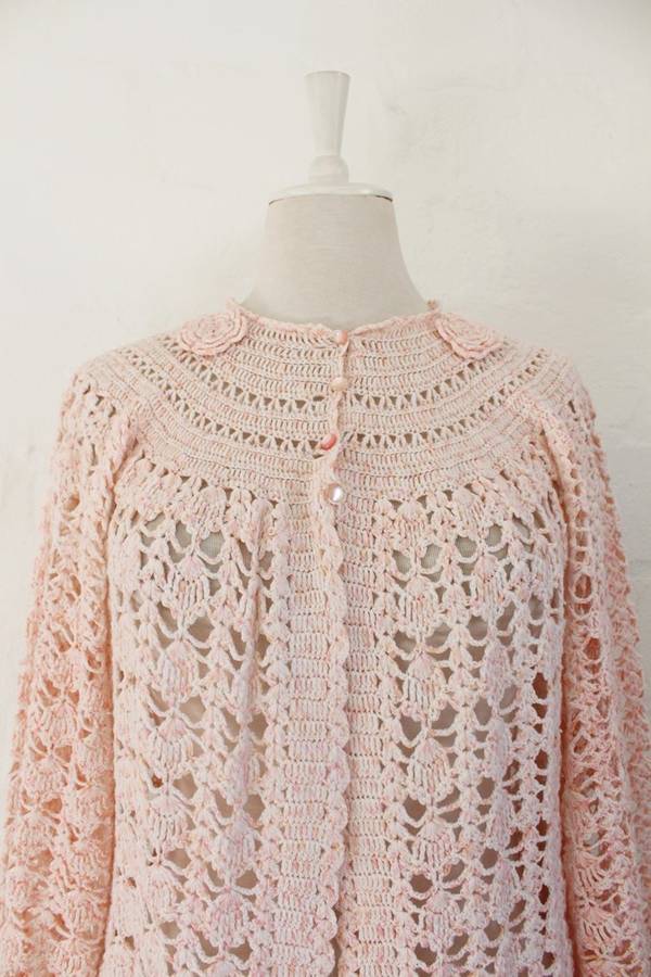 VINTAGE PINK CROCHET KNIT JERSEY CARDIGAN - SIZE XL