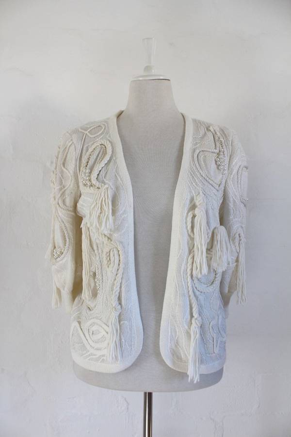 VINTAGE WHITE TASSEL EMBROIDERED BEADED JERSEY CARDIGAN - SIZE M