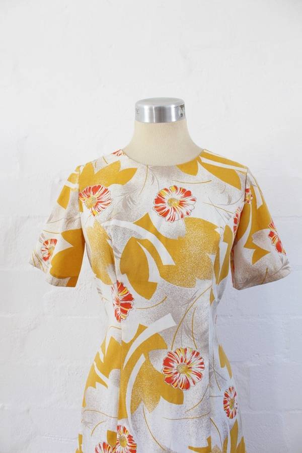VINTAGE YELLOW WHITE FLORAL PRINT DROP WAIST DAY DRESS - SIZE 10