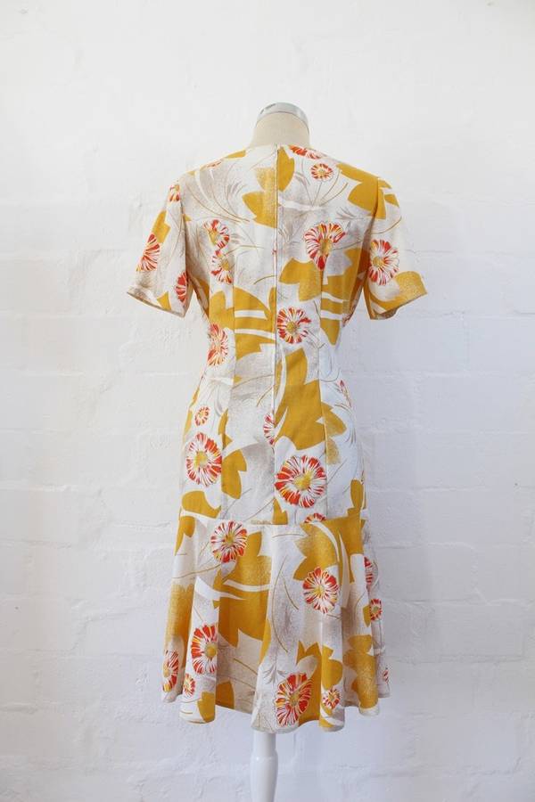VINTAGE YELLOW WHITE FLORAL PRINT DROP WAIST DAY DRESS - SIZE 10