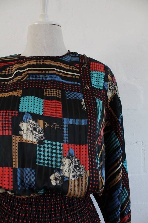 *DIANE FREIS* DESIGNER VINTAGE BLACK PRINTED COCKTAIL DRESS - SIZE 12