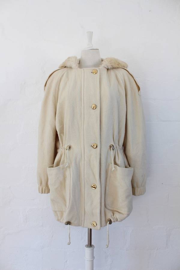 VINTAGE FAUX FUR HOODED CREAM WOOL PARKA JACKET COAT - SIZE L