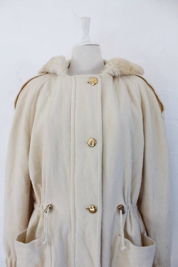 VINTAGE FAUX FUR HOODED CREAM WOOL PARKA JACKET COAT - SIZE L