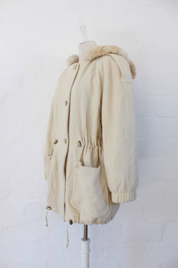 VINTAGE FAUX FUR HOODED CREAM WOOL PARKA JACKET COAT - SIZE L