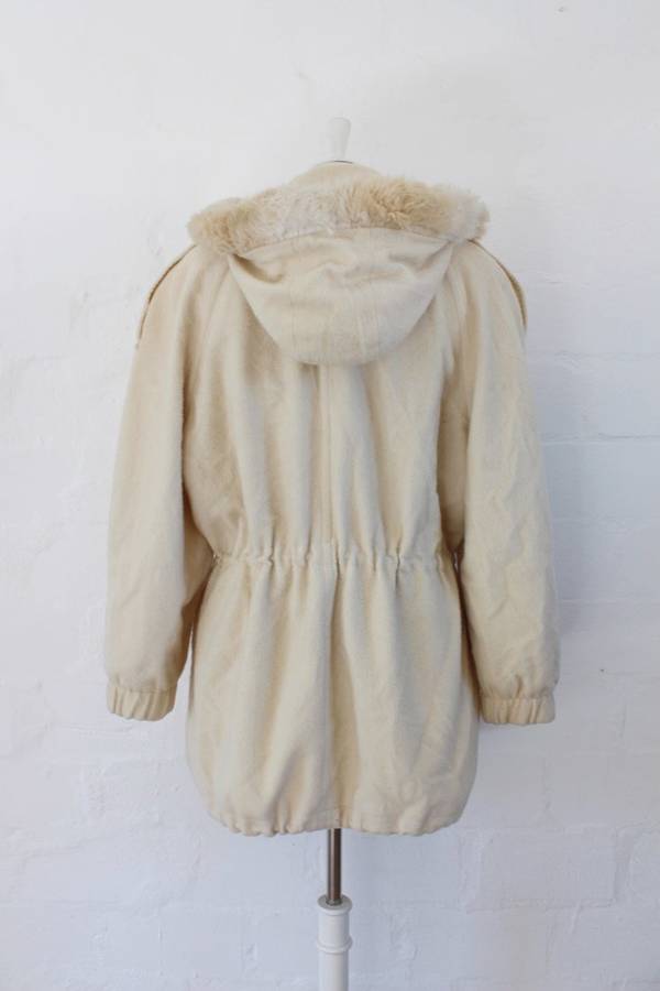 VINTAGE FAUX FUR HOODED CREAM WOOL PARKA JACKET COAT - SIZE L
