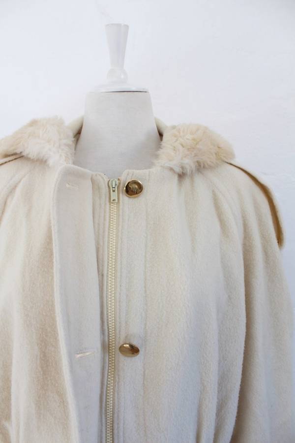 VINTAGE FAUX FUR HOODED CREAM WOOL PARKA JACKET COAT - SIZE L