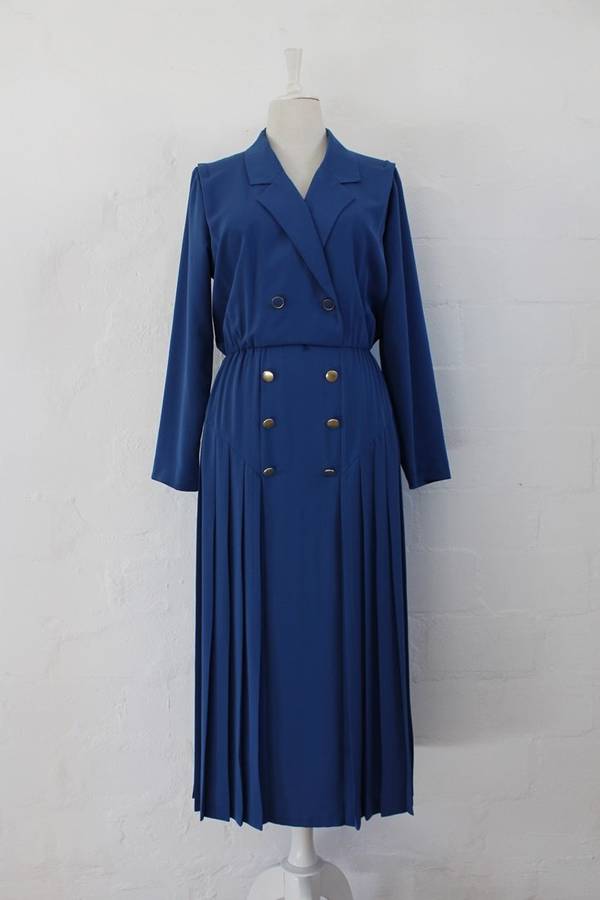 VINTAGE BLUE DOUBLE BREASTED PLEATED COCKTAIL DRESS - SIZE 14