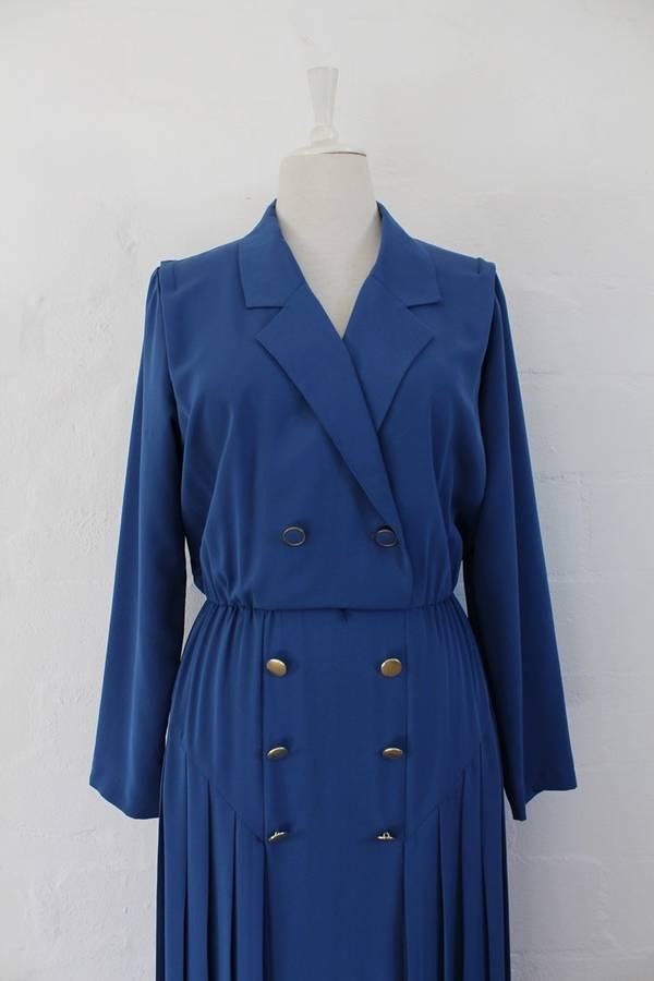 VINTAGE BLUE DOUBLE BREASTED PLEATED COCKTAIL DRESS - SIZE 14