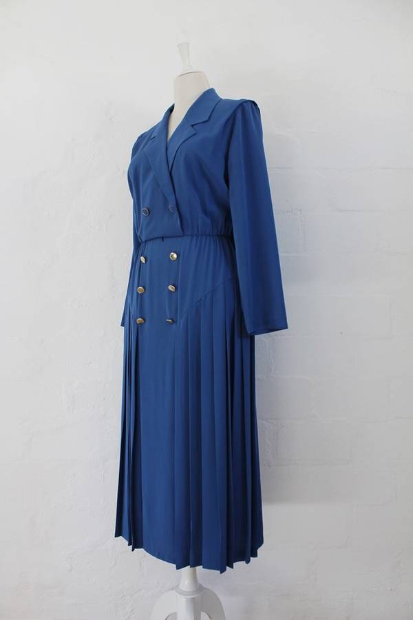 VINTAGE BLUE DOUBLE BREASTED PLEATED COCKTAIL DRESS - SIZE 14