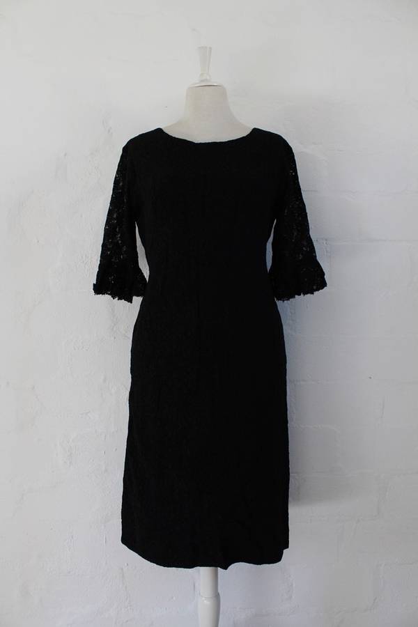 VINTAGE BLACK LACE 3/4 SLEEVE COCKTAIL EVENING DRESS - SIZE 12