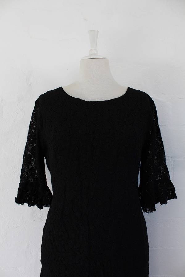 VINTAGE BLACK LACE 3/4 SLEEVE COCKTAIL EVENING DRESS - SIZE 12