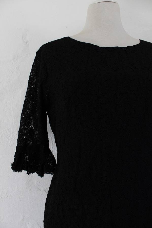 VINTAGE BLACK LACE 3/4 SLEEVE COCKTAIL EVENING DRESS - SIZE 12