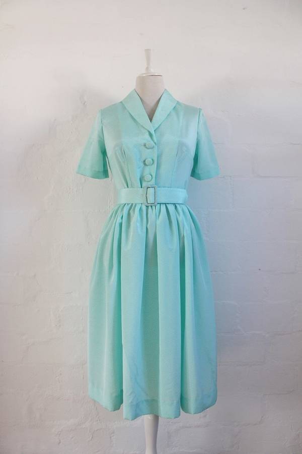 VINTAGE MINT GREEN POLKA DOT BELTED DAY DRESS - SIZE 8