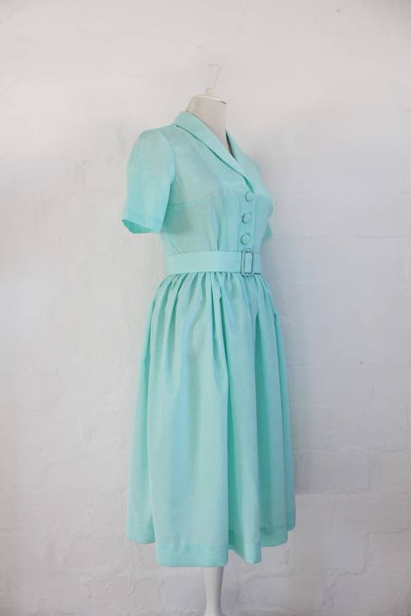 VINTAGE MINT GREEN POLKA DOT BELTED DAY DRESS - SIZE 8