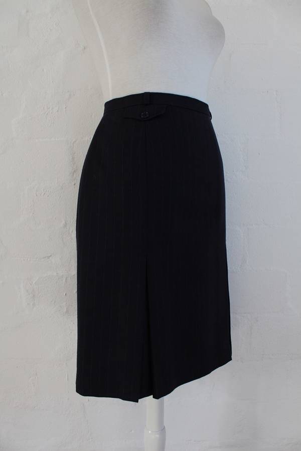 VINTAGE NAVY PINSTRIPE PLEATED HIGH WAIST PENCIL SKIRT - SIZE 10