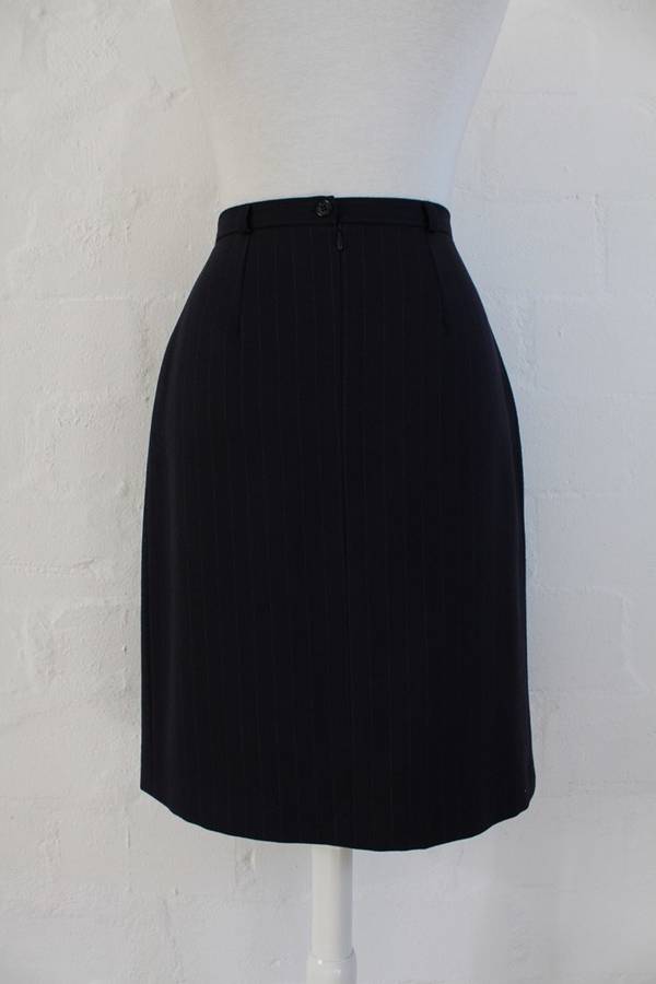 VINTAGE NAVY PINSTRIPE PLEATED HIGH WAIST PENCIL SKIRT - SIZE 10