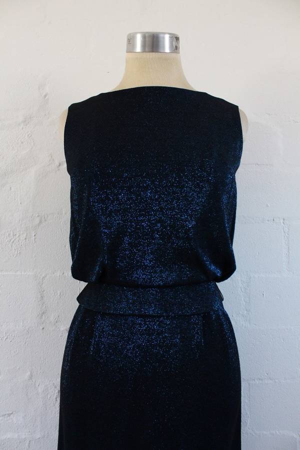 VINTAGE SHIMMERY BLUE BLACK BELTED COCKTAIL EVENING DRESS - SIZE 8