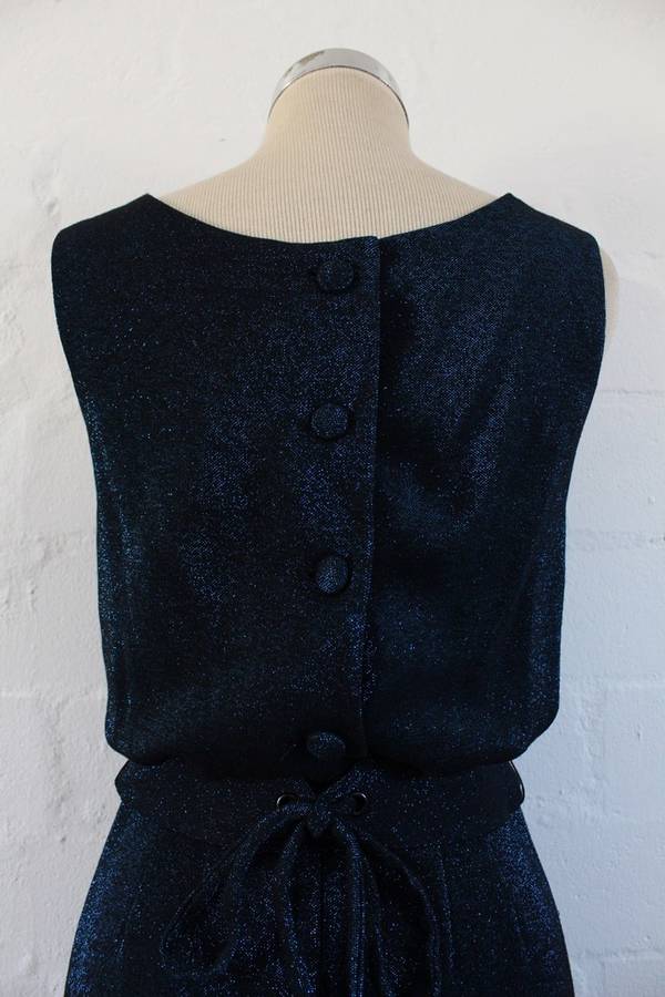 VINTAGE SHIMMERY BLUE BLACK BELTED COCKTAIL EVENING DRESS - SIZE 8
