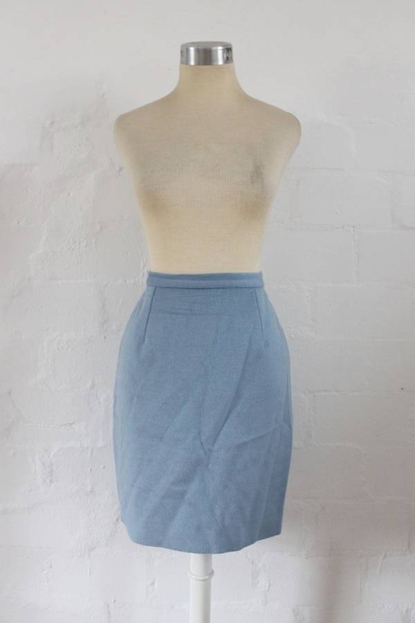 VINTAGE PASTEL BLUE WOOL FITTED PENCIL SKIRT - SIZE 10