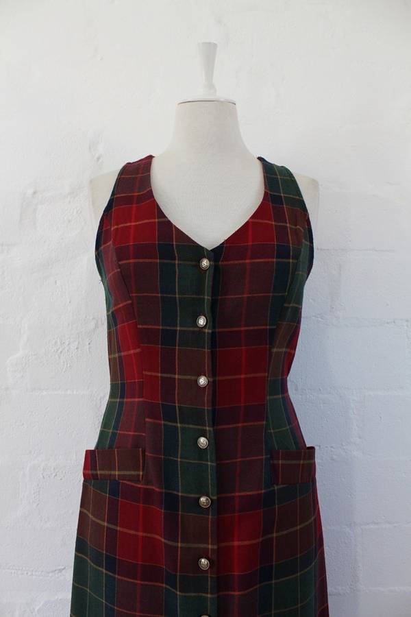 VINTAGE RED GREEN PLAID CHECK PRINT BUTTON DOWN DRESS - SIZE 10