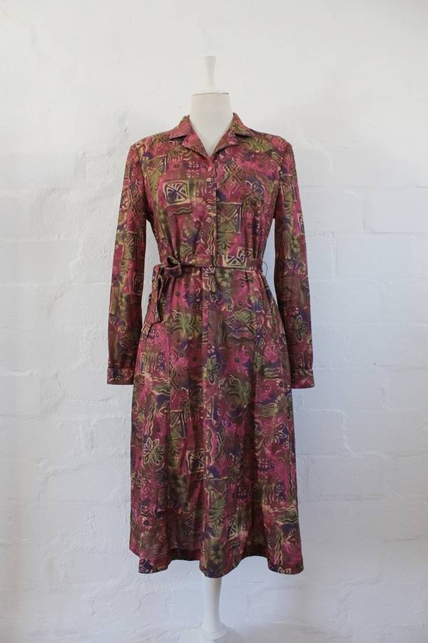 VINTAGE ABSTRACT PRINT MAROON GREEN LONG SLEEVE TIE WAIST DAY DRESS - SIZE 14