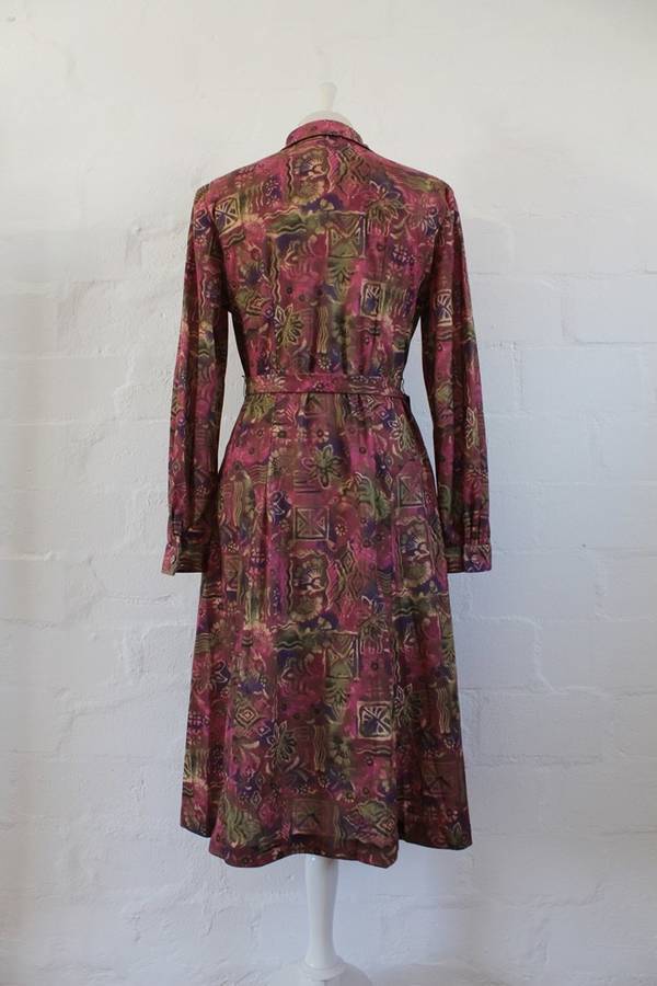 VINTAGE ABSTRACT PRINT MAROON GREEN LONG SLEEVE TIE WAIST DAY DRESS - SIZE 14