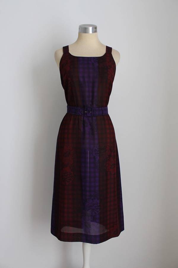 VINTAGE TWO PIECE PURPLE CHECK PRINT TOP DRESS SET - SIZE 10