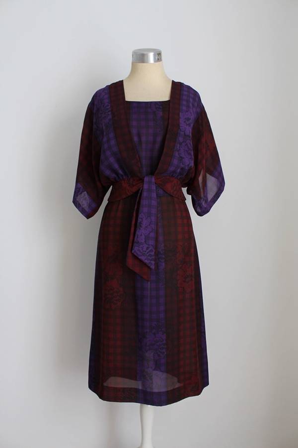VINTAGE TWO PIECE PURPLE CHECK PRINT TOP DRESS SET - SIZE 10