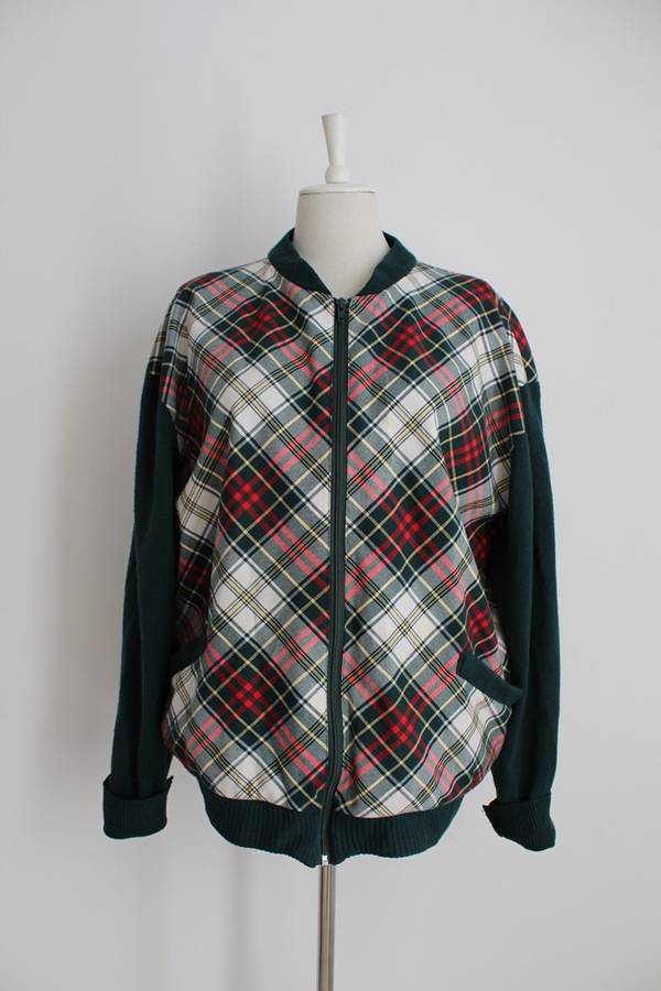 VINTAGE GREEN WHITE RED TARTAN PLAID CHECK BOMBER JACKET - SIZE 16
