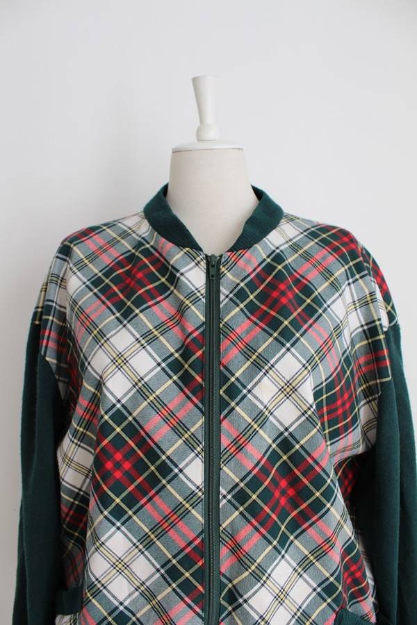 VINTAGE GREEN WHITE RED TARTAN PLAID CHECK BOMBER JACKET - SIZE 16
