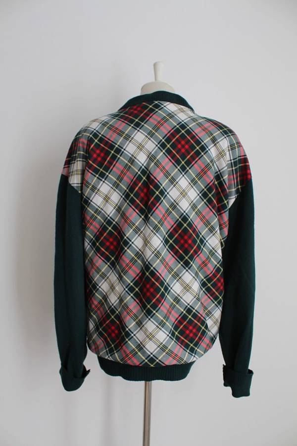 VINTAGE GREEN WHITE RED TARTAN PLAID CHECK BOMBER JACKET - SIZE 16