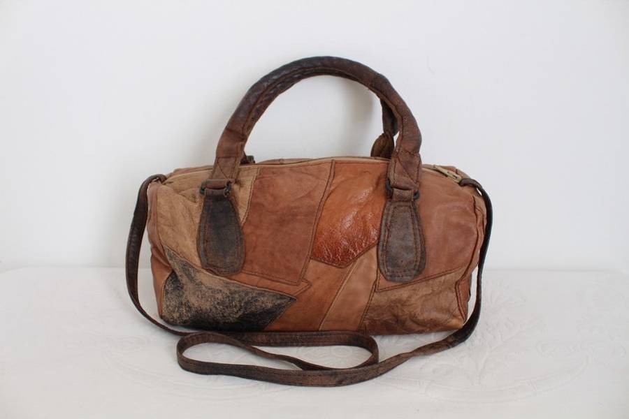 VINTAGE SOFT GENUINE LEATHER PATCH BROWN SHOULDER BAG HANDBAG