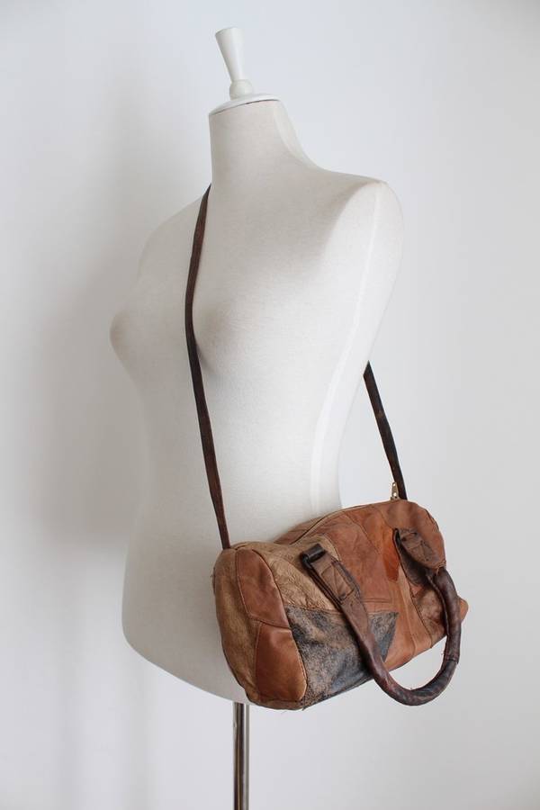 VINTAGE SOFT GENUINE LEATHER PATCH BROWN SHOULDER BAG HANDBAG