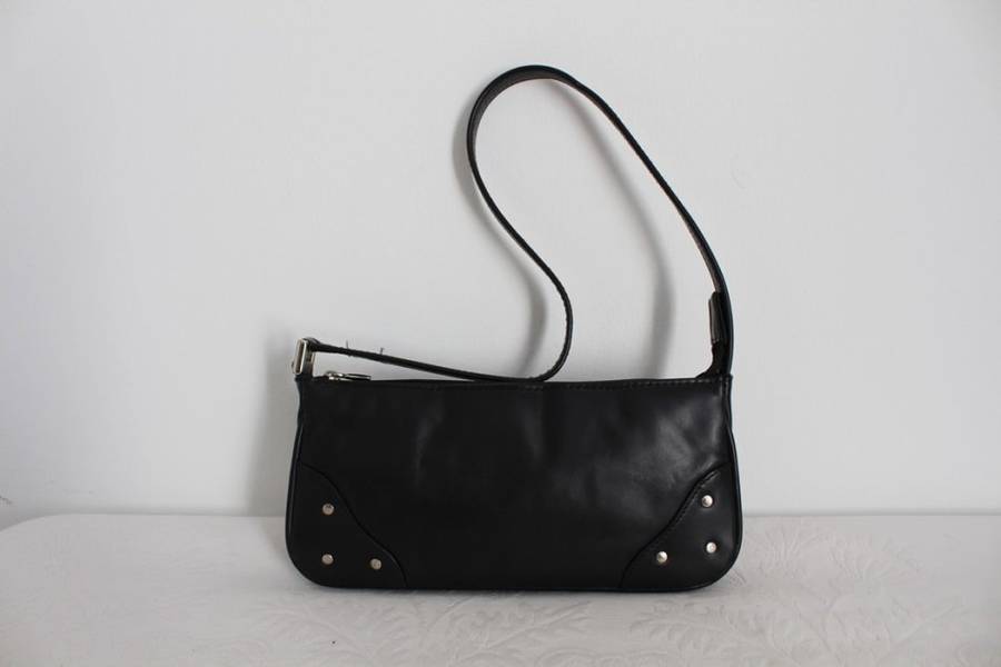 *SUMMER SALE - 50% OFF!* GENUINE LEATHER BLACK STUDDED SMALL BAGUETTE SHOULDER BAG HANDBAG