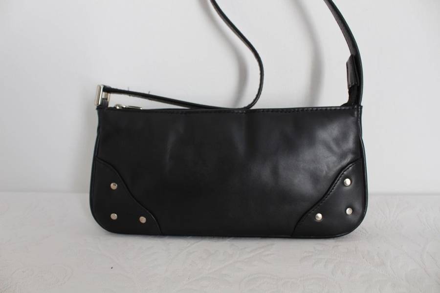 *SUMMER SALE - 50% OFF!* GENUINE LEATHER BLACK STUDDED SMALL BAGUETTE SHOULDER BAG HANDBAG