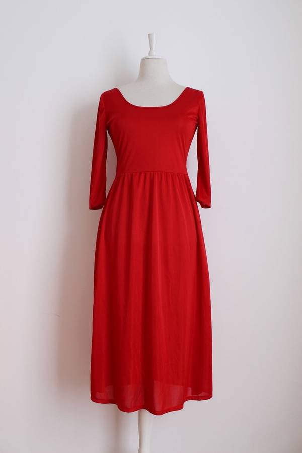 VINTAGE RED SCOOP NECK 3/4 SLEEVE DRESS - SIZE 10