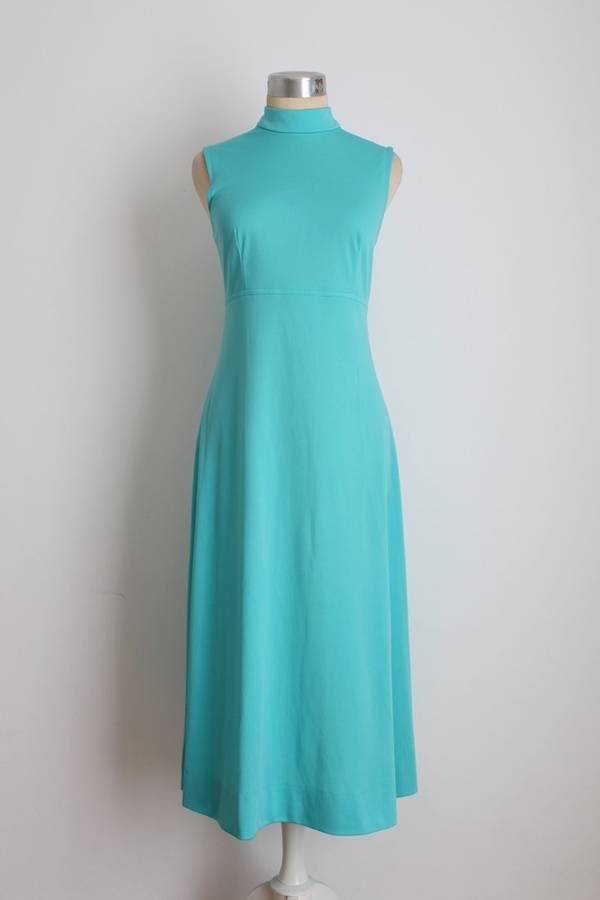 VINTAGE BLUE SLEEVELESS POLO NECK DRESS - SIZE 10