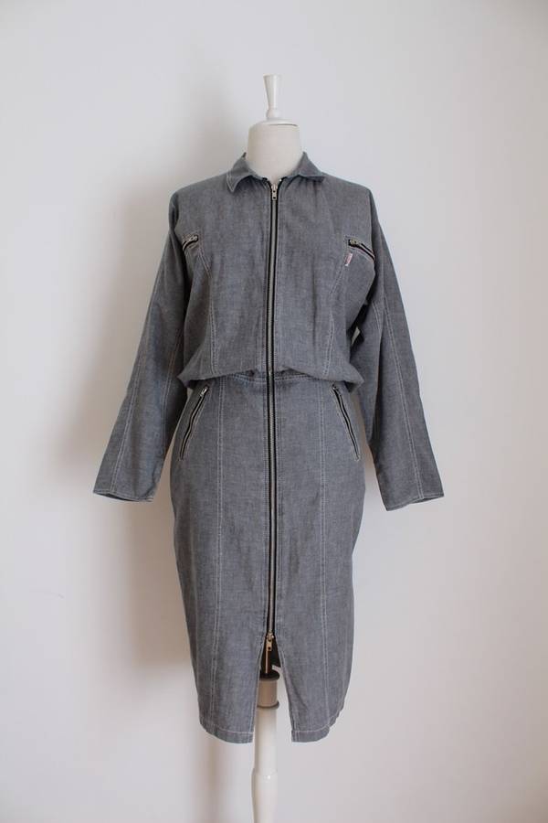 VINTAGE ZIPPER DETAIL GREY FITTED DRESS - SIZE 12