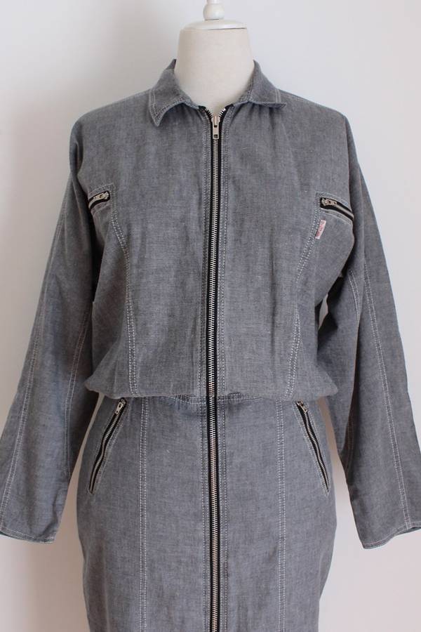 VINTAGE ZIPPER DETAIL GREY FITTED DRESS - SIZE 12